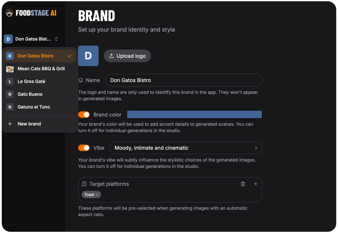 The FoodStage AI brand settings screen with a menu listing several client brands to switch between
