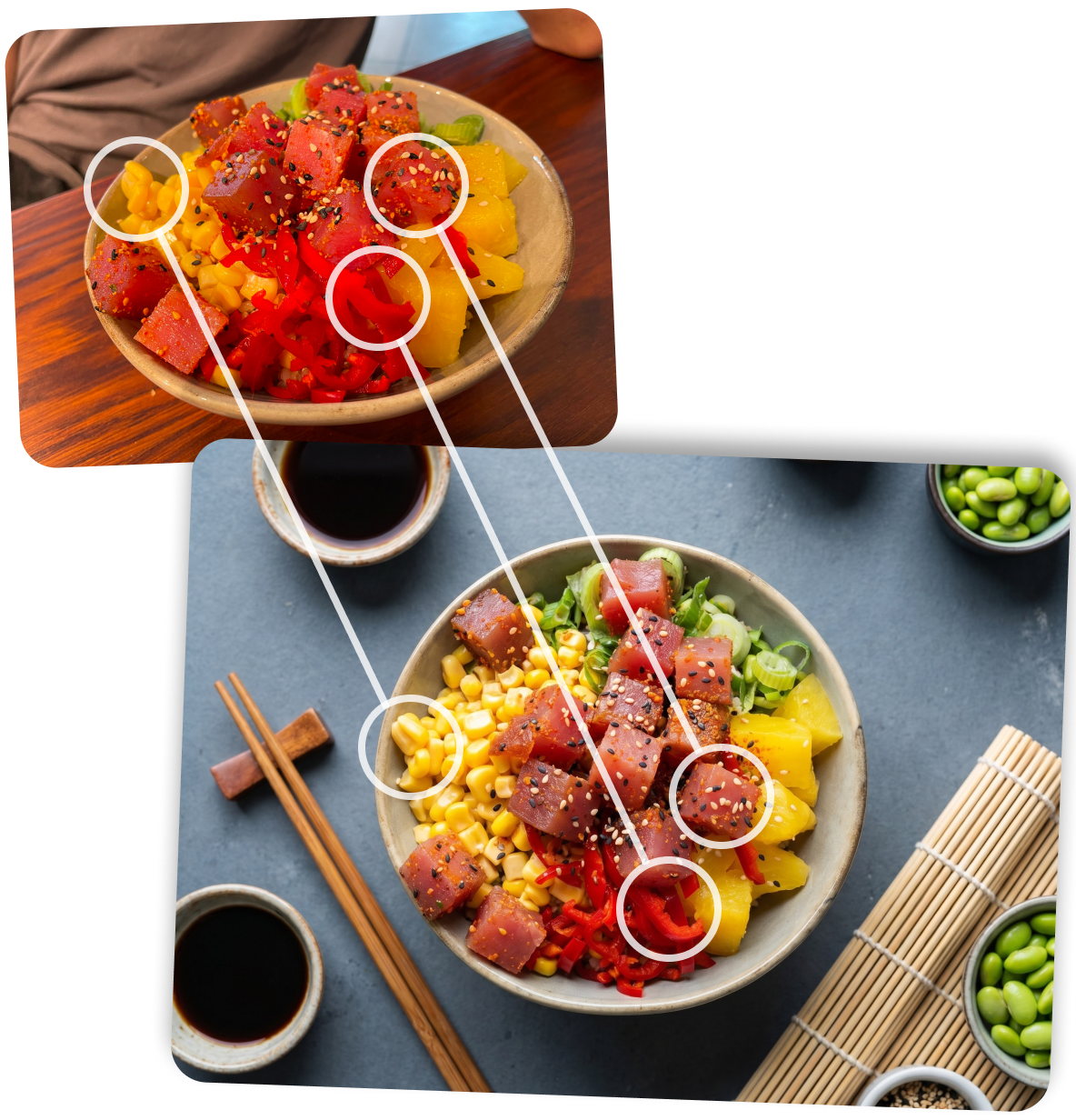 A real photo of a poke bowl next to its staged version, with the same ingredients highlighted in both
