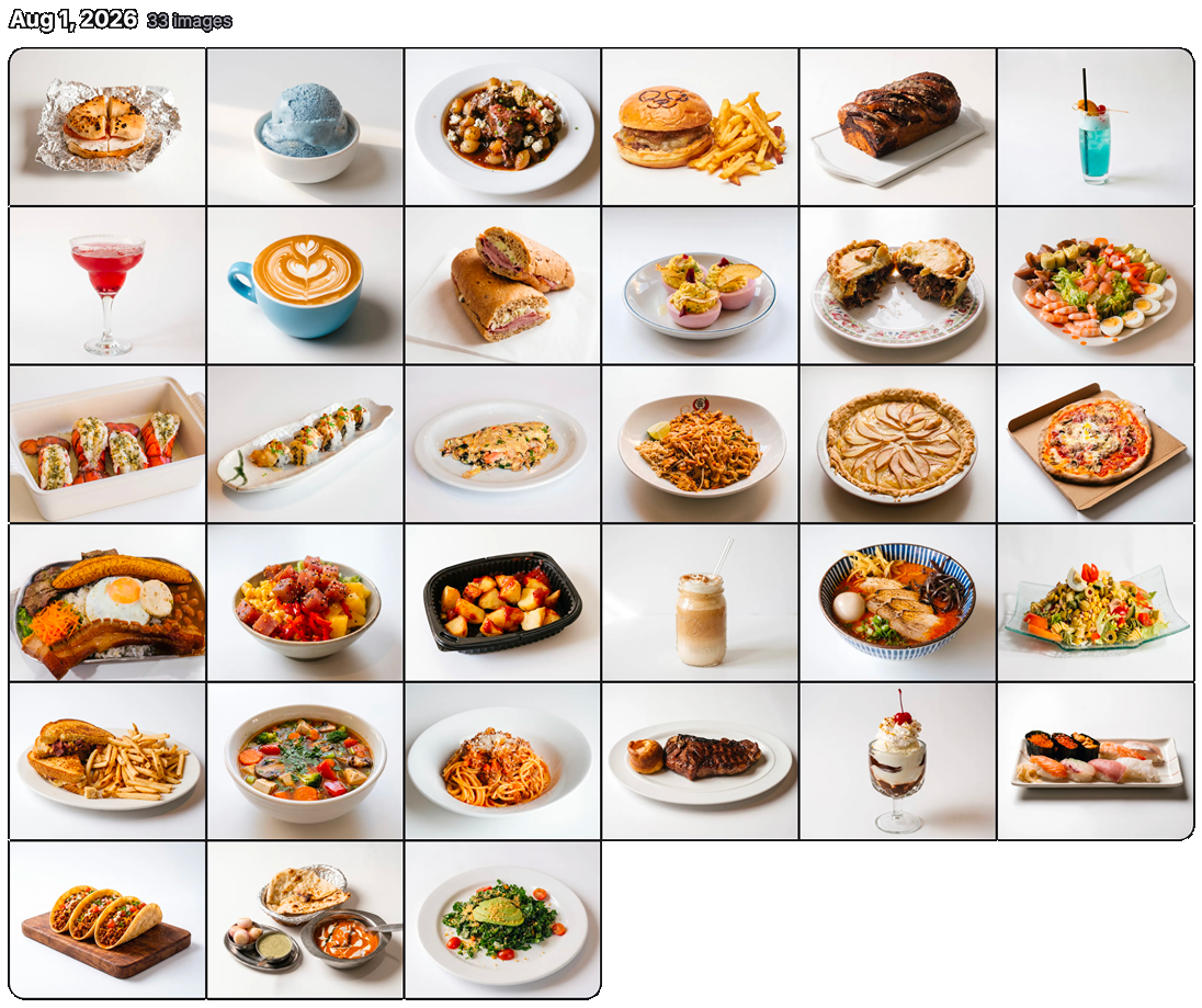 The FoodStage AI library showing a grid of dozens of dish photos generated in a single batch