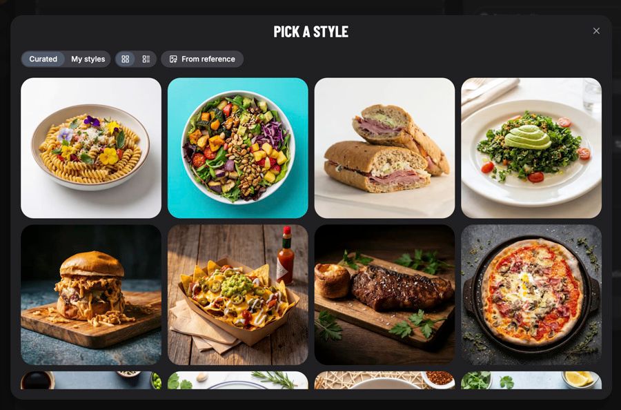 The FoodStage AI style picker showing a grid of curated style templates