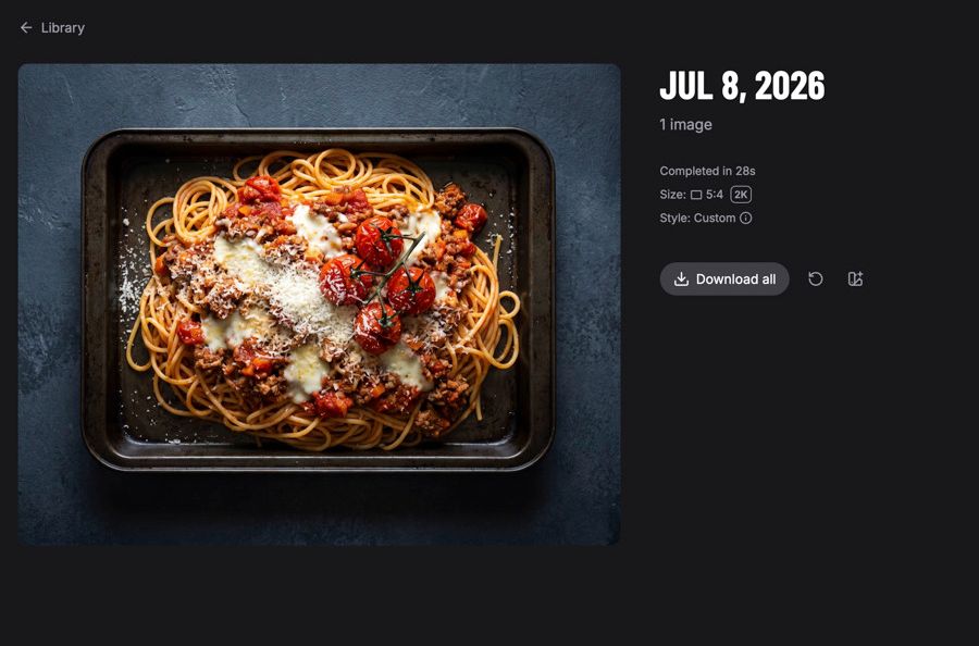 A finished FoodStage AI shoot with a generated pasta photo ready to download
